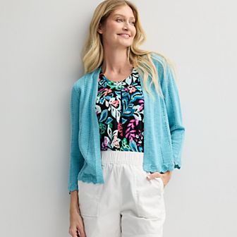 Petite Croft & Barrow® Pointelle Wave Open Front Cardigan