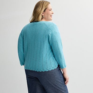 Plus Size Croft & Barrow® Pointelle Wave Open Front Cardigan