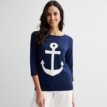 Petite Croft & Barrow® Boatneck Intarsia Button Tab Sleeve Sweater