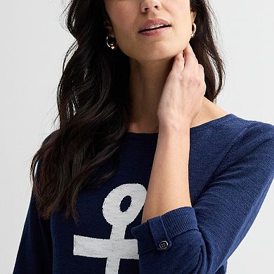Petite Croft & Barrow® Boatneck Intarsia Button Tab Sleeve Sweater