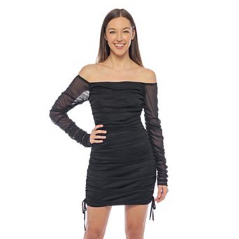 Juniors' Jump Apparel Glitter Off The Shoulder Ruched Mini Dress