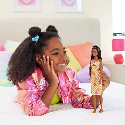 barbie fashionistas dresses Fashionistas Barbie 13.25-Inch Doll [Black Hair & Checkered Orange and Pink  Flower Midi Dress]
