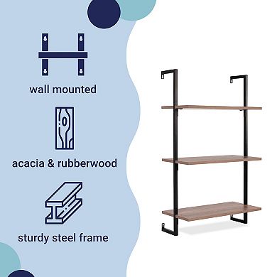 Madera Industrial 3-shelf Wood Wall-mounted Open Ladder Bookcase, Metal Frame