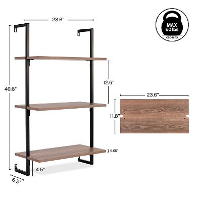 Madera Industrial 3-shelf Wood Wall-mounted Open Ladder Bookcase, Metal Frame