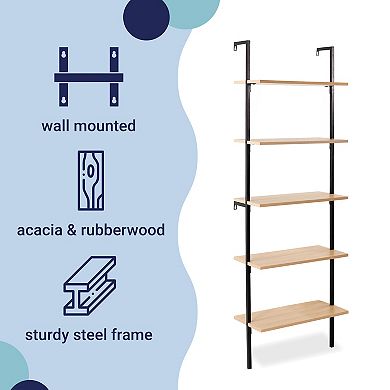 Madera Industrial 5-shelf Wood Wall-mounted Open Ladder Bookcase, Metal Frame
