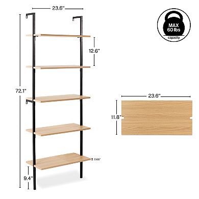 Madera Industrial 5-shelf Wood Wall-mounted Open Ladder Bookcase, Metal Frame