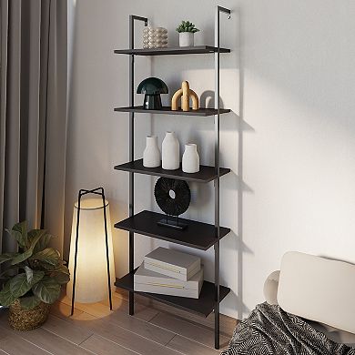 Madera Industrial 5-shelf Wood Wall-mounted Open Ladder Bookcase, Metal Frame