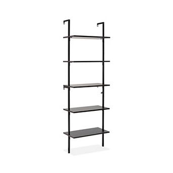 Madera Industrial 5-shelf Wood Wall-mounted Open Ladder Bookcase, Metal Frame