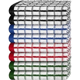 White Classic 100% Cotton Checkered Design Kitchen Towel Set of 8 - 16x26"