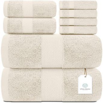 White Classic Luxury Cotton 8 pc Towel Set - 2x Bath Towels, 2x Hand Towels, 4x Washcloths