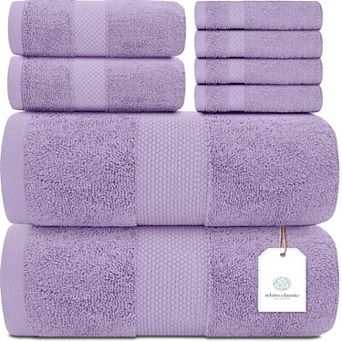 White Classic Luxury Cotton 8 pc Towel Set - 2x Bath Towels, 2x Hand Towels, 4x Washcloths