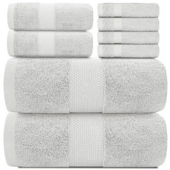 White Classic Luxury Cotton 8 pc Towel Set - 2x Bath Towels, 2x Hand Towels, 4x Washcloths