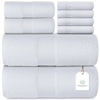 White Classic Luxury Cotton 8 pc Towel Set - 2x Bath Towels, 2x Hand Towels, 4x Washcloths