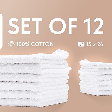 White Classic 100% Cotton Dobby Weave Design Kitchen Dish Towels 15x26" - Set of 12