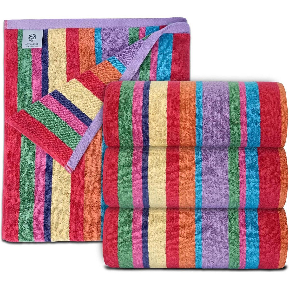 White Classic 100% Cotton Rainbow Striped Oversized Beach Towels 30x60" - 4 Pack