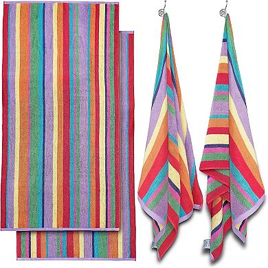 White Classic 100% Cotton Rainbow Striped Oversized Beach Towels 30x60" - 4 Pack