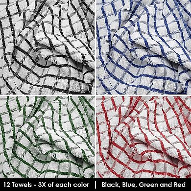 White Classic 100% Cotton Checkered Design Kitchen Towel Set of 12 - 12x12"