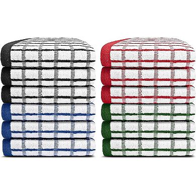 White Classic 100% Cotton Checkered Design Kitchen Towel Set of 12 - 12x12"