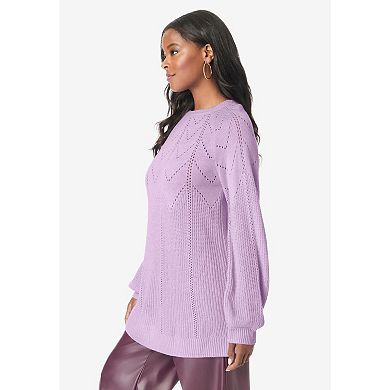 Roaman's Women's Plus Size Pointelle Yoke Crewneck Sweater