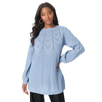 Roaman's Women's Plus Size Pointelle Yoke Crewneck Sweater