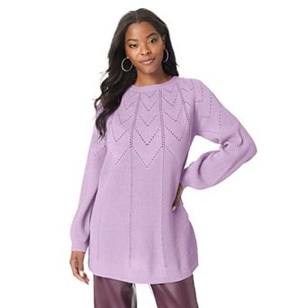 Roaman's Women's Plus Size Pointelle Yoke Crewneck Sweater