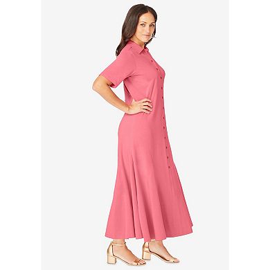 Jessica London Women's Plus Size Stretch Cotton Button Front Maxi Dress