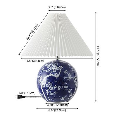 Shishen Cottage Classic Chinoiserie Ceramic Orb LED Table Lamp with Pleated Shade