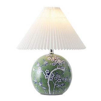 Shishen Cottage Classic Chinoiserie Ceramic Orb LED Table Lamp with Pleated Shade