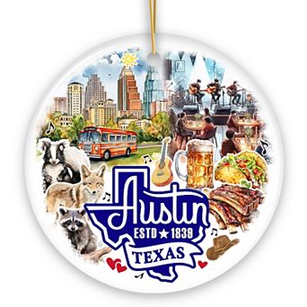 Artistic Austin Texas Christmas Ornament, Unique Ceramic Keepsake Souvenir and Gift, Circle