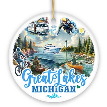 Artistic Great Lakes Michigan State Ornament, Ceramic Landscapes and Travel Souvenir Version 2