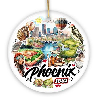 Artistic Phoenix City Handcrafted Ceramic Ornament, Arizona State Souvenir and Tree Decor, Circle