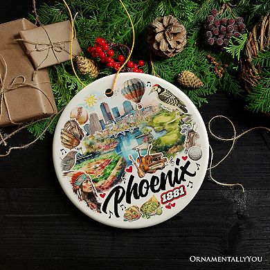 Artistic Phoenix City Handcrafted Ceramic Ornament, Arizona State Souvenir and Tree Decor, Circle