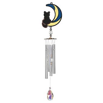 FC Design 17" Long Mini Silver Cat on Moon Wind Chime Decoration Garden and Patio Decor