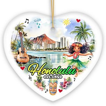 Artistic Honolulu Hawaii Christmas Ornament, Tropical Hawaiian Keepsake and Souvenir Gift, Heart