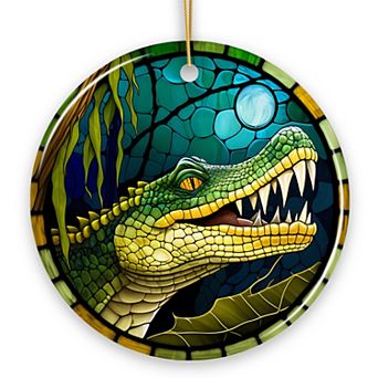 Artistic Wetlands Alligator Ceramic Ornament, Stained Glass Theme Nature Art of Swamp Animal