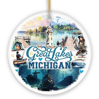 Artistic Great Lakes Michigan State Ornament, Ceramic Landscapes and Travel Souvenir Version 1
