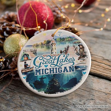 Artistic Great Lakes Michigan State Ornament, Ceramic Landscapes and Travel Souvenir Version 1