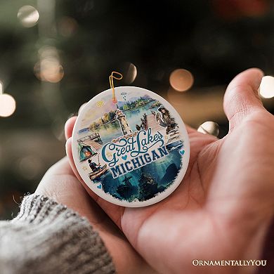 Artistic Great Lakes Michigan State Ornament, Ceramic Landscapes and Travel Souvenir Version 1