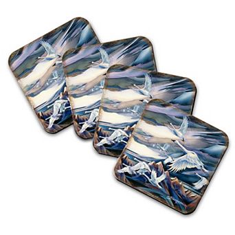 Flying Swans Wooden Cork Coasters Gift Set of 4 - Art by J. Bergsma