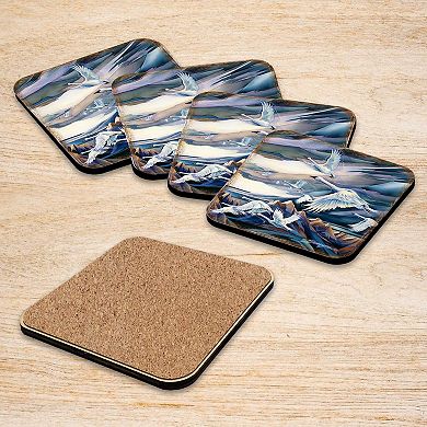 Flying Swans Wooden Cork Coasters Gift Set of 4 - Art by J. Bergsma