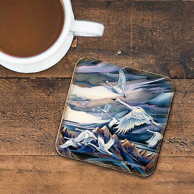 Flying Swans Wooden Cork Coasters Gift Set of 4 - Art by J. Bergsma