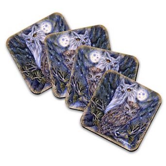 Night Watch Owls Wooden Cork Coasters Gift Set of 4 - Art by J. Bergsma