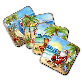 Santa on the Beach Wooden Cork Coasters Gift Set of 4