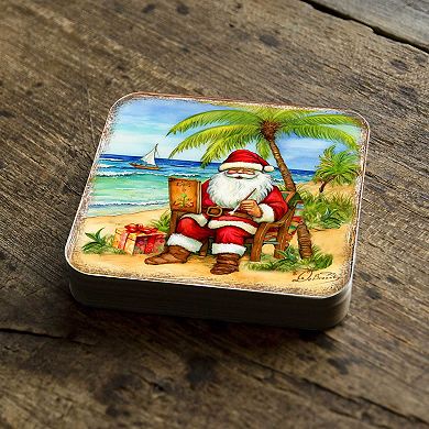 Santa on the Beach Wooden Cork Coasters Gift Set of 4
