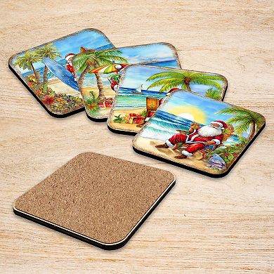 Santa on the Beach Wooden Cork Coasters Gift Set of 4