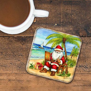 Santa on the Beach Wooden Cork Coasters Gift Set of 4