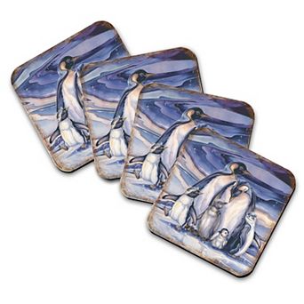 Penguin Family Wooden Cork Coasters Gift Set of 4 - Art by J. Bergsma