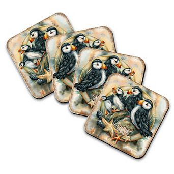 Puffins Wooden Cork Coasters Gift Set of 4 - Art by J. Bergsma