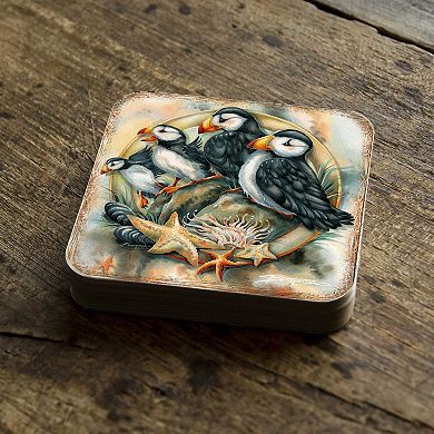 Puffins Wooden Cork Coasters Gift Set of 4 - Art by J. Bergsma