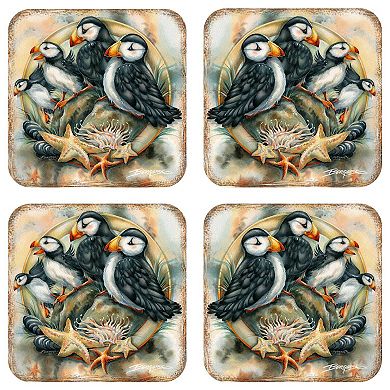 Puffins Wooden Cork Coasters Gift Set of 4 - Art by J. Bergsma